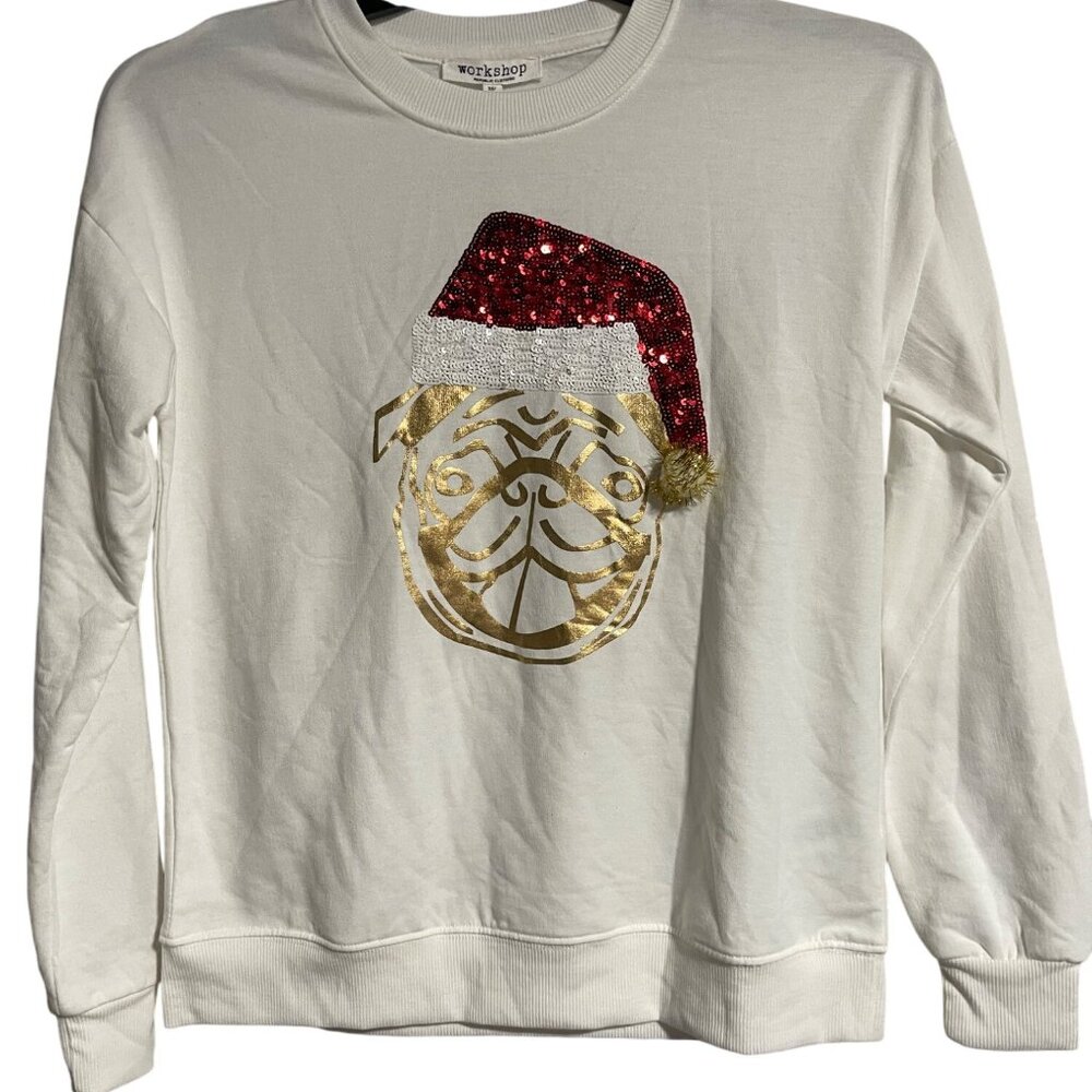 Workshop Republic Womens White Sequin Pug Sweatshirt Size XS Christmas Holiday